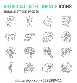 Conjunto de iconos de la línea de inteligencia artificial, colección de tecnología, gráficos vectoriales de IA, ilustraciones de logotipo, resolución de iconos vectoriales, señales de concepto de inteligencia artificial, pictogramas de contorno, trazo editable
