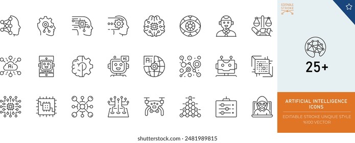 Artificial Intelligence Line Icon Set" ist eine Kollektion von Stockillustrationen mit verschiedenen Icons im Zusammenhang mit Künstlicher Intelligenz (KI).