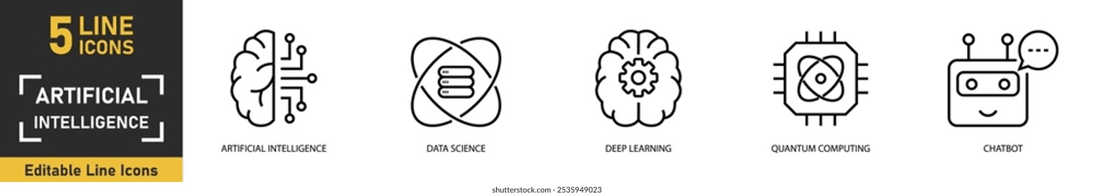 Artificial Intelligence line icon set. Set of 5 outline icons related to artificial intelligence, data science, deep learning, quantum computing, chatbot and more. Vector illustration.