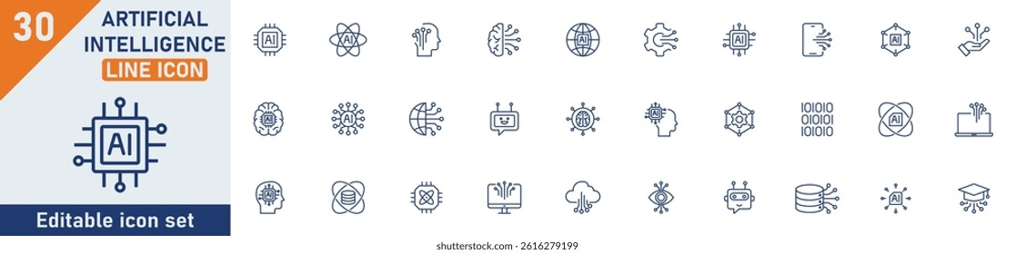 Artificial intelligence line icon set. Set of 30 outline icons related to AI, virtual assistant, generative AI, robotic, data science and others. Editable stroke. Vector illustration.