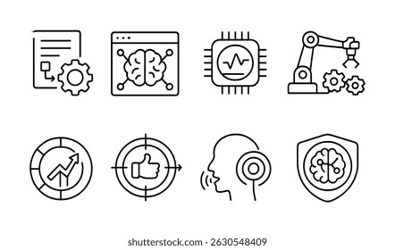 Conjunto de ícones de inteligência artificial - símbolos planos, técnicos e de inovação