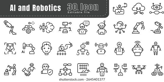 Conjunto de ícones de linha de inteligência artificial. Pixel Perfect Outline Symbol. redes neurais, robótica e ilustrações de computação em nuvem.