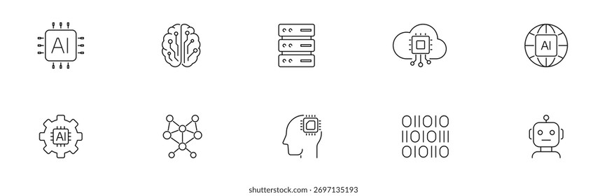 Artificial Intelligence line icon set. Minimal outline AI icons. Technology, innovation, automation, and machine learning projects. Vector illustration