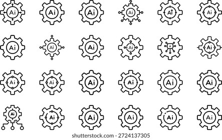 Conjunto de iconos de línea de inteligencia artificial: cerebro de IA, red neuronal, robótica, computación en nube, aprendizaje automático, Ciencia de datos, escudo de ciberseguridad, chatbot, reconocimiento de voz, innovación digital y Colección de Vectores de Tecnología