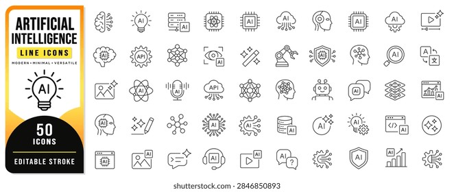 Artificial Intelligence Line Icon Set Featuring 50 Editable Stroke Vector Symbols For Machine Learning, Robotics, Neural Networks, Automation, Computing, Digital Technology, Data And Innovation.