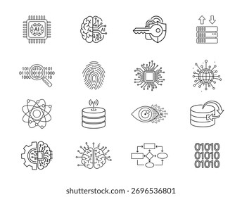 Ícones de linha de Inteligência Artificial aet. AI Chip, Machine Learning, Neural Network, Data Security, Big Data, Cyber Technology, Digital Brain e Innovation vetor set.