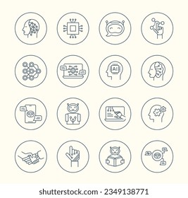 Symbole der künstlichen Intelligenz. AI Dünnzeilensymbole. Robotik-Vektorsymbole. Bearbeitbarer Stroke.