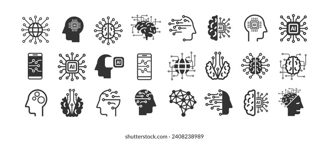 Iconos de línea de inteligencia artificial. Tecnología de IA: Internet, resolución, algoritmo, ilustración vectorial