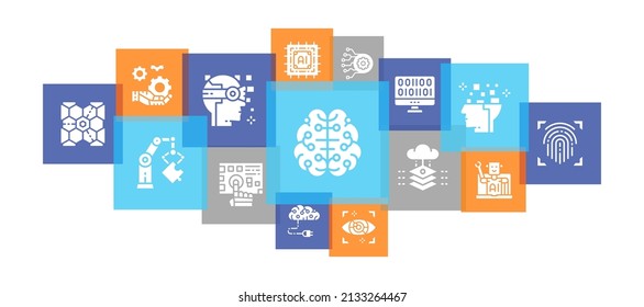 Artificial Intelligence line icons banner. Robotics, Chatbot, Database, Big Data promotion illustration for ecommerce banner.