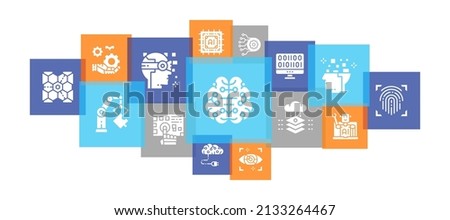 Artificial Intelligence line icons banner. Robotics, Chatbot, Database, Big Data promotion illustration for ecommerce banner.