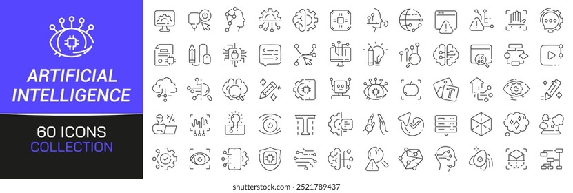 Coleção de ícones de linha de inteligência artificial. Pacote fino de ícones de estrutura de tópicos. Coleção de ícones de interface do usuário. Conjunto de pictogramas de linha da Web