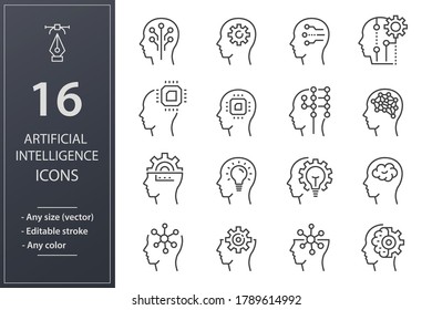 Artificial intelligence line icons. Editable stroke. Black vector illustrations isolated on white.