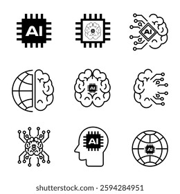 Artificial intelligence line icons on white background.