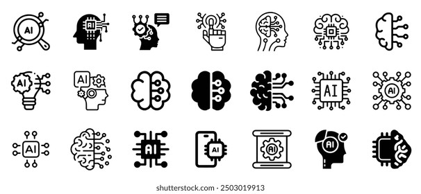 Artificial Intelligence Line Icons Pack. Technology, AI digital, brain, chip, mobile etc. 