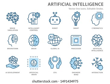 Artificial intelligence line icons. Set of brain, cybernetic, ai, head, technology and more. Editable stroke.