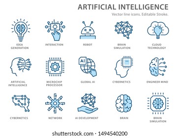 Artificial intelligence line icons. Set of brain, robot, ai, head, technology and more. Editable stroke.