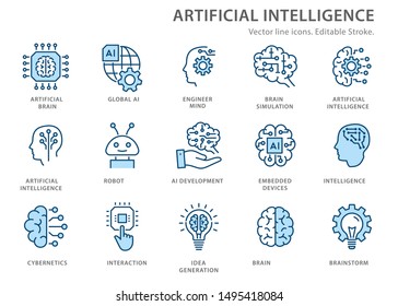 Artificial intelligence line icons. Set of brain, ai, head, machine, technology and more. Editable stroke.