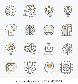 Artificial intelligence line icons. Set of brain, ai, robot, machine, technology and more. Editable stroke.