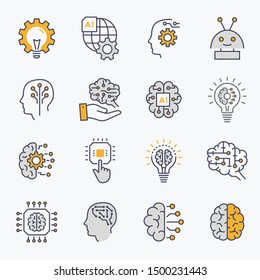 Artificial intelligence line icons. Set of brain, ai, robot, machine, mind and more. Editable stroke.