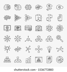 Icons der künstlichen Intelligenz-Linie Set. Vektorgrafik-Thin-Umriss der Computertechnologie.