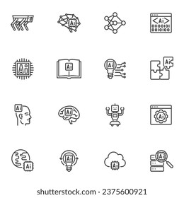 Artificial intelligence line icons set, outline vector symbol collection, linear style pictogram pack. Signs, logo illustration. Set includes icons as AI technology, algorithm, artificial brain, robot