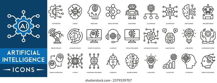 Iconos de línea de inteligencia artificial establecidos. Los iconos de IA incluyen el aprendizaje automático, AI Assistant, Virtual Intelligence, Automation Technology, AI technology, future, robots.