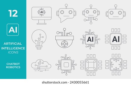 Artificial Intelligence Line Icons set. Vector illustration modern style icons of AI technology and possibilities, machine learning, smart robotics, chatbot.