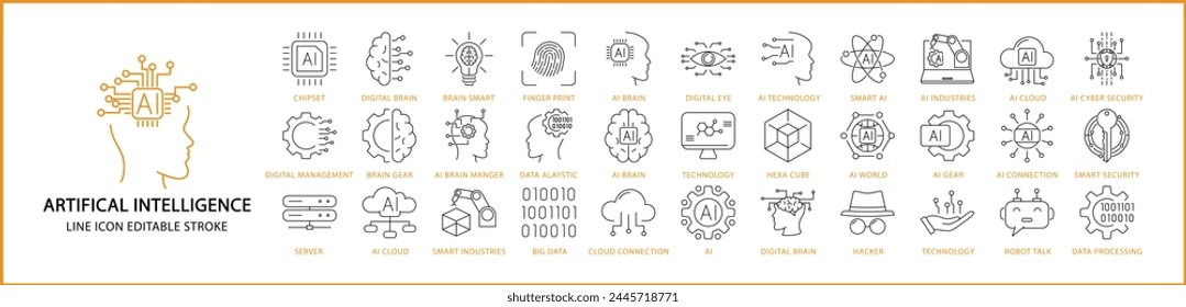 Artificial intelligence Line icons. Set icon about AI. Set icons related to Artificial intelligence. Vector illustration. Editable stroke.