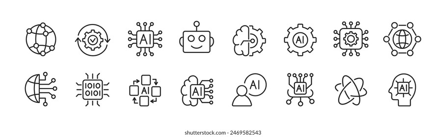 Artificial intelligence line icons. Set of AI technology icons for app and web. Vector.