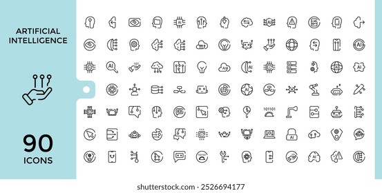 Artificial intelligence Line icons set, Simple and minimal icon collection, Ai, Brain, Tech and more, Editable stroke, pixel perfect, Vector illustration.