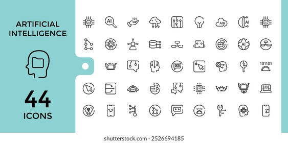 Artificial Intelligence Line Icons set. Minimal and modern thin line style icons collection  of AI technology and smart robotic. Editable stroke, pixel perfect.