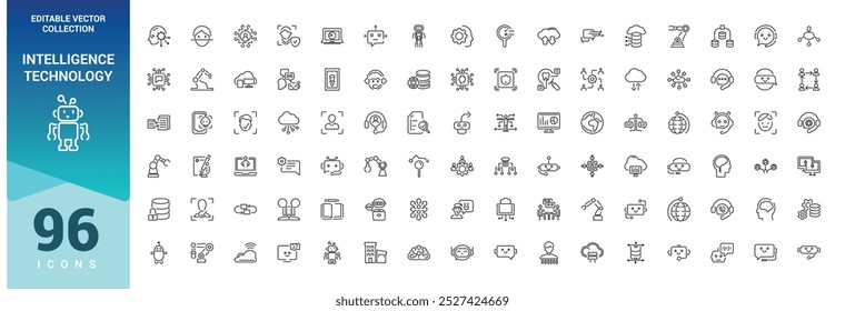 Conjunto de iconos de línea de inteligencia artificial. Ilustración vectorial en estilo de línea delgada moderna de Tecnología de inteligencia, contenido de IA, aprendizaje automático.