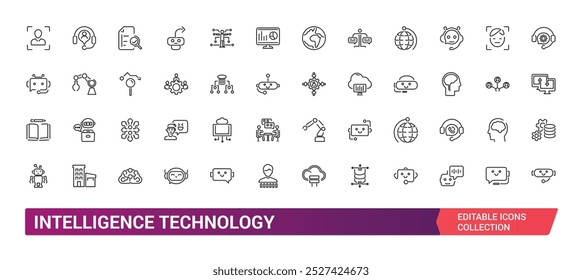 Artificial Intelligence Line Icons set. Vector illustration in modern thin line style of Intelligence Technology, AI Content, machine learning.
