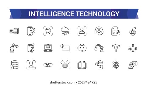 Artificial Intelligence Line Icons set. Vector illustration in modern thin line style of Intelligence Technology, AI Content, machine learning.