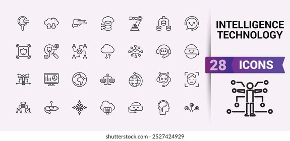 Conjunto de ícones de linha de inteligência artificial. Ilustração vetorial no moderno estilo de linha fina de Inteligência Tecnologia, AI Content, aprendizagem de máquina.