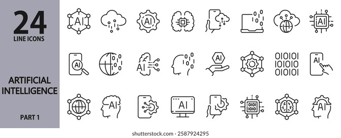 Artificial Intelligence line icons set with Internet, AI, Technology, Neural Network, Machine, Cloud, Brain, Network, Computer, Cyberspace, Data and more. Editable Stroke