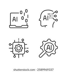 Artificial Intelligence line icons set with Technology, Chip, Neural Network, Machine. Editable Stroke