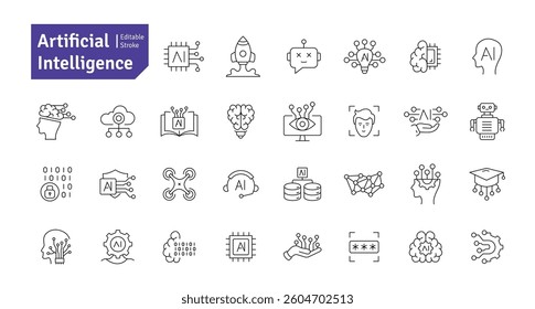 Artificial Intelligence Line Icons Set. Machine Learning, AI, Brain, Robot, Bot, Technology, Micro Chip, Mind, Cloud Computing, Algorithm Icons Editable Stroke Vector Illustration