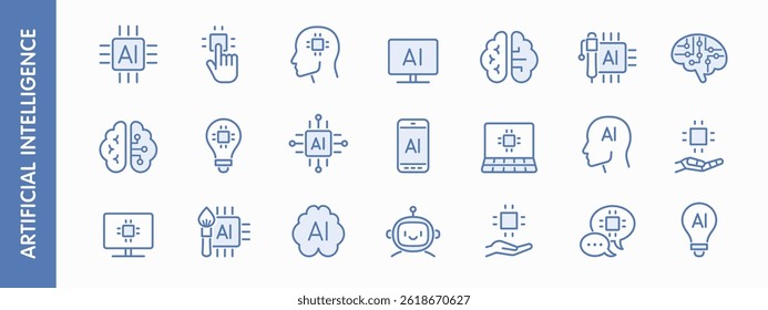 Artificial intelligence line icons set. Collection of vector AI technology icon for web and mobile app. Machine learning, digital AI technology, algorithm, smart robotic, brain, chip etc