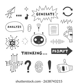 Artificial Intelligence Line Icons Set. Hand drawn AI symbols and signs. Robot Chatbot Gestures Speech bubbles buttons Circuit Doodles collection. Vector illustration