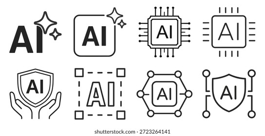 Line-Icons für künstliche Intelligenz, AI-Chip, Symbole für neuronale Netzwerksicherheit und Technologie, minimale Vektorgrafik-Sammlung auf transparentem Hintergrund