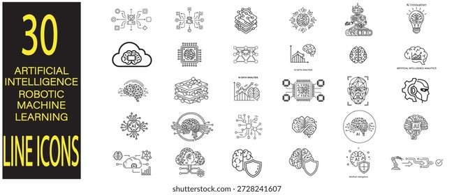 Iconos de línea de inteligencia artificial establecidos para la tecnología de aprendizaje automático