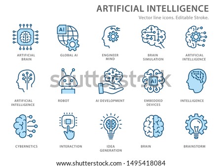 Artificial intelligence line icons. Set of brain, ai, head, machine, technology and more. Editable stroke.