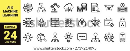 Artificial intelligence line icons set with AI technology symbols, machine learning, cloud computing, automation, robotics, data server, cybersecurity and digital transformation outline collection