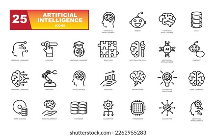 Artificial intelligence line icons. thin outline icon set with machine learning, smart robotic and cloud computing network digital AI technology: internet, solving, algorithm, choice sign.