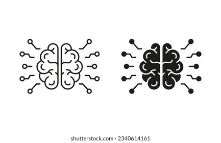 Artificial Intelligence Line and Silhouette Icon Set. Human Brain and Network Technology Concept Pictogram. AI Innovation Symbol Collection on White Background. Isolated Vector Illustration.