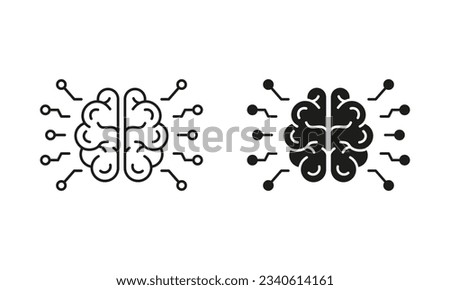 Artificial Intelligence Line and Silhouette Icon Set. Human Brain and Network Technology Concept Pictogram. AI Innovation Symbol Collection on White Background. Isolated Vector Illustration.