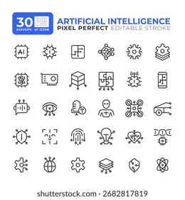 Conjunto de ícones de interface do usuário da linha de inteligência artificial. Processamento e gerenciamento de dados. Infraestrutura de nuvem. iconografia de símbolos de contorno vetorial isolados. Elementos de interface do usuário lineares, pixel perfect