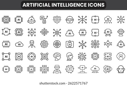 Inteligência Artificial Line Vetor Icon Set, 50 Ícones AI Apresentando Redes Neurais, Aprendizagem de Máquinas, Computação em Nuvem, Robótica, Análise de Dados e Modernos Elementos Tecnológicos em Estilo de Traço.