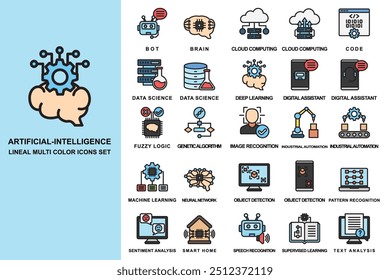 Inteligência artificial conjunto de ícones multicoloridos lineares. contém computação em nuvem, ciência de dados, aprendizagem profunda, assistente digital e muito mais. use para conceito moderno, desenvolvimento de web e aplicativos. Vetor EPS 10